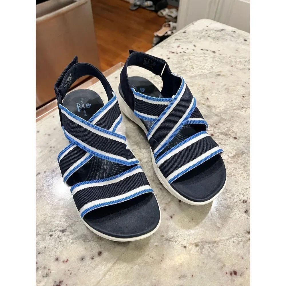 Clarks Cloudstepper Mira Navy & White Stretch Comfort & Support Sandals sz. 9.5